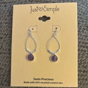 Simple Silver Hoop Earrings with Purple Teardrop Stones